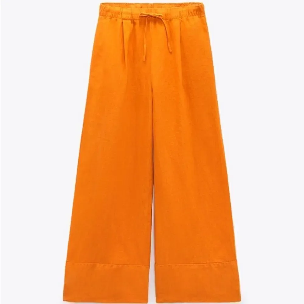 Zara Orange 100% Linen Palazzo Pants New